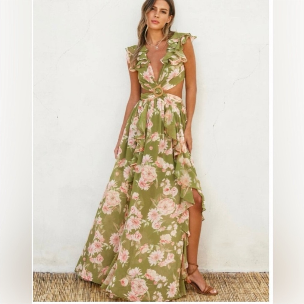 Dress Forum Olive Green and Pink Floral Maxi Dress